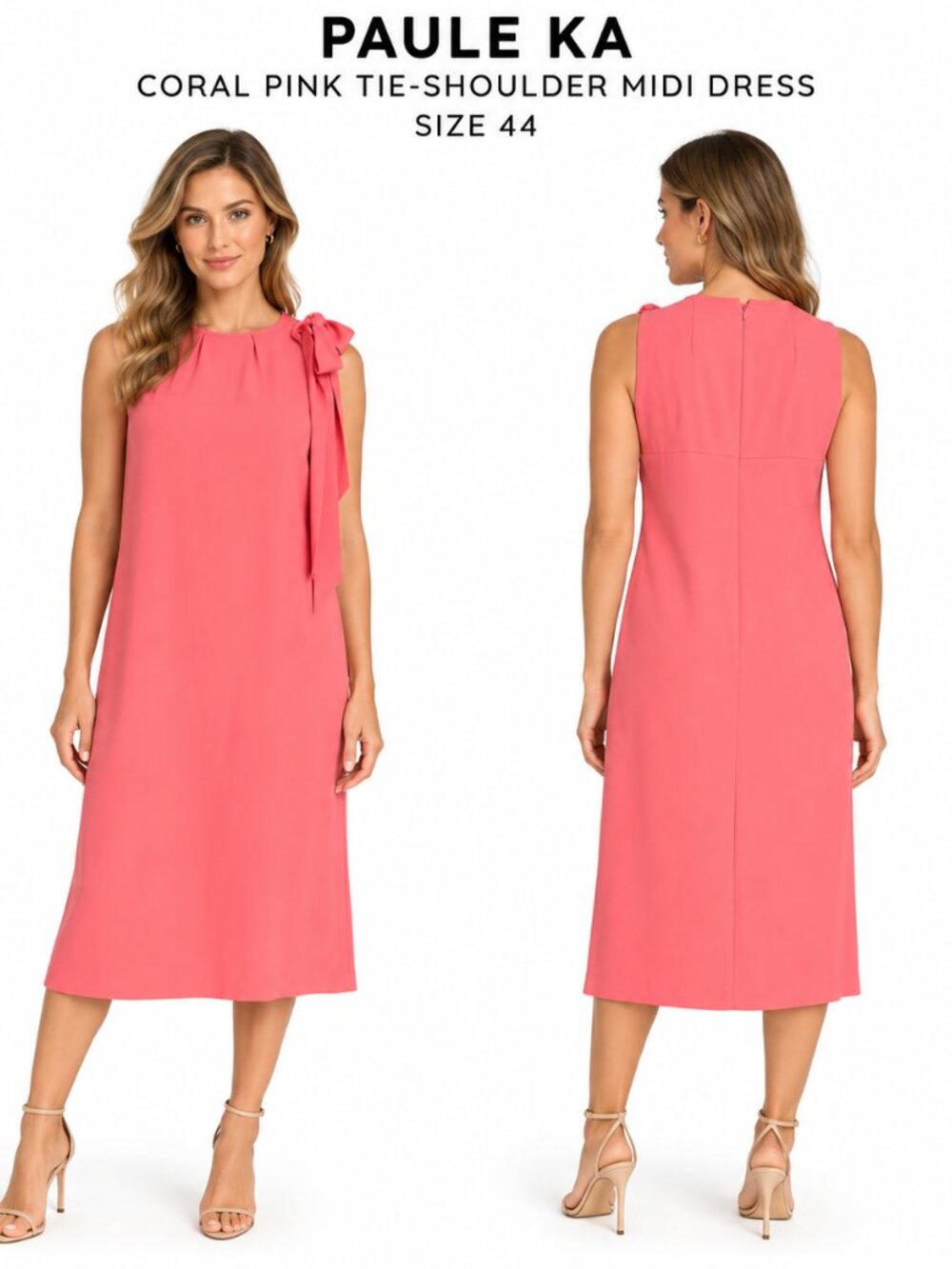 PAULE KA CORAL PINK TIE-SHOULDER MIDI SHIFT DRESS SIZE 44 Aprox US Size 12
